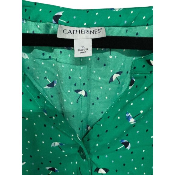 Catherines Womens Green Blouse 1X Umbrella Print 3/4 Sleeve Button-Front - Picture 3 of 6
